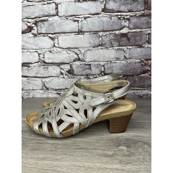 Josef Seibel Silver Metallic Lazer Cut Comfort Heel Sandals Women’s 39EU/8.5M US - Picture 1 of 16